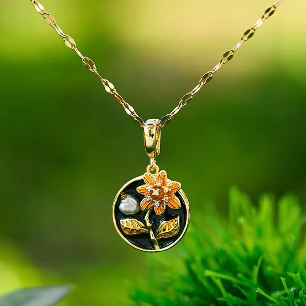 Flower and Pearl Enamel Pendant Necklace with Pearl Accent